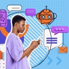 Profile of black man typing in phone, ai chat bot doodle icons with speech bubbles and e-mails on colorful background