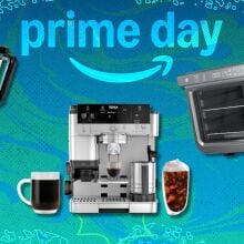 a Ninja blender, coffee maker, and countertop oven on a green and turquoise Prime Day background
