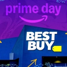 Best Buy retail storefront with purple Prime Day artwork