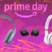 blue airpods max, amazon echo buds, and pink beats headphones on pink prime day background