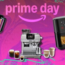 a ninja blender, de'longhi espresso maker, and chefman air fryer on a pink prime day background
