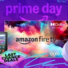 An Amazon Fire tablet and tv on a colorful background; sticker that reads 'last chance deals'