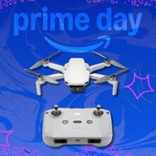 the DJI mini 4k drone on a blue prime day background