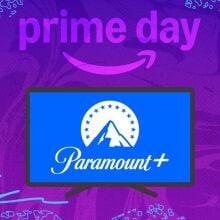 Paramount+ on tv screen with purple prime day composite background