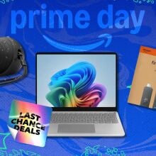 a beats speaker, microsoft surface laptop, and fire tv stick with sticker that reads 'last chance deals'