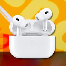 airpods pro 2 earbuds against a yellow patterned background