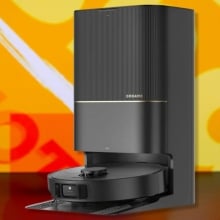 The DREAME X40 Ultra Robotic Vacuum on an orange background