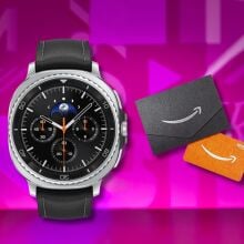 samsung galaxy watch 8 classic smartwatch and amazon gift card against a pink patterned background