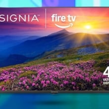The Insignia 65-inch Class F50 Series LED 4K UHD Smart Fire TV on a blue background