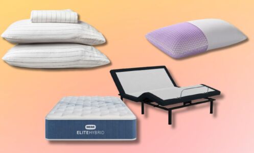 a set of linen sheets, a bear mattress with adjustable base, and a Purple pillow on an orange background