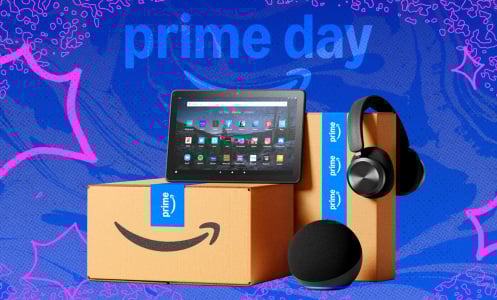 a grouping of amazon devices and boxes below a prime day logo