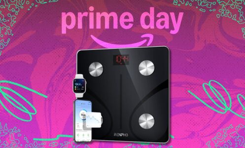 the Renpho smart scale on a pink Prime Day background