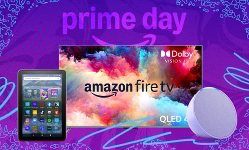 An Amazon Fire tablet and tv on a colorful background.