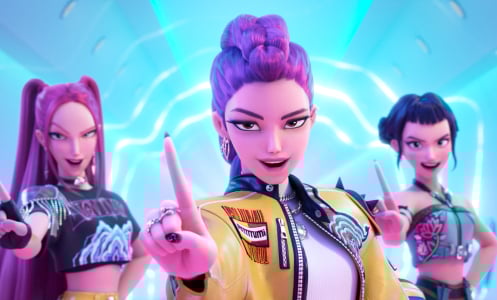 A still of Zoey, Rumi, and Mira from "K-pop Demon Hunters."