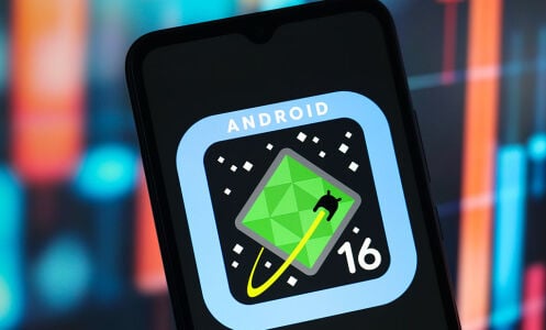 Android 16 logo on phone screen