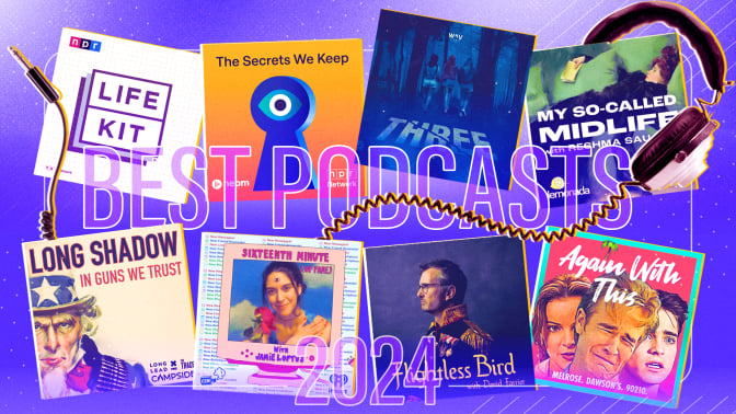 Composite of posters from some of 2024's best podcasts, including "Flightless Bird," "Again with this," and "My So-Called Midlife."