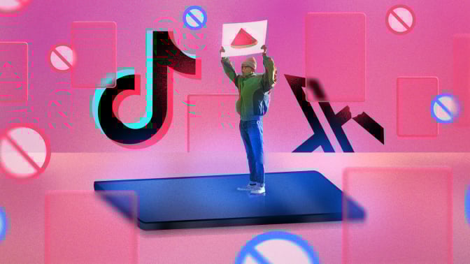 An illustration of a person standing on top of a giant cellphone and holding a sign with a picture of a watermelon. A giant TikTok logo and X logo float around them.
