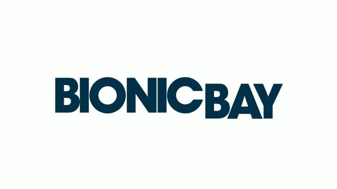 Title card of white background with blue words that read "Bionic Bay"