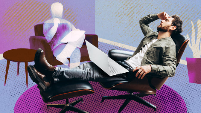 Composite photo of man sitting on chair, with outline of a therapist sitting in the background.