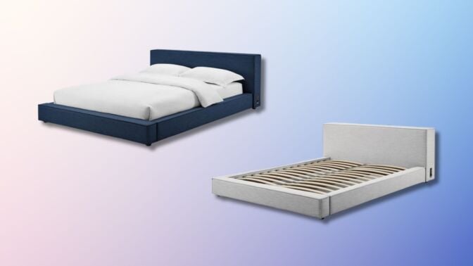 a blue and a white platform bed frame on a pink and blue background