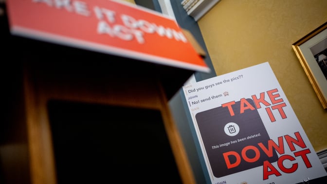 a poster board in support of the 'take it down' act