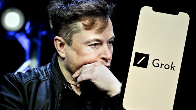 Elon Musk and Grok logo on mobile device