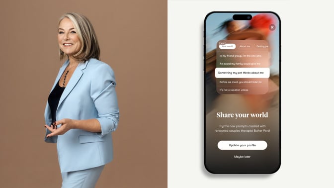 headshot of esther perel, a white woman, next to screenshot of hinge prompts