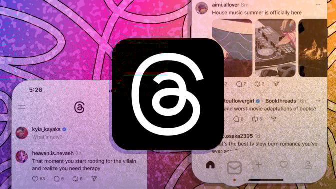 A composite of the Threads logo and screenshots of the platform's new DM feature