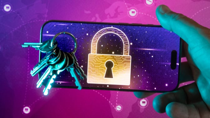 a man's hand holding a smartphone with a lock on its display and keys resting on its screen