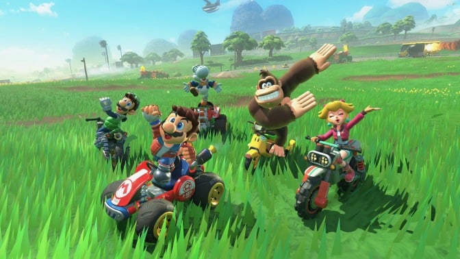 mario, luigi, donkey kong, yoshi, and princess peach in mario kart world free roam mode