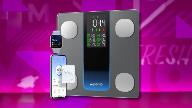 renpho smart scale against a pink patterned background