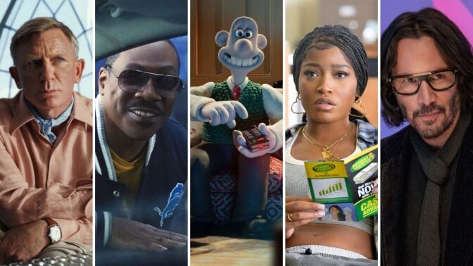 A composite of images from "Glass Onion," "Beverly Hills Cop: Axel F," "Wallace & Gromit: Vengeance Most Fowl," "One of Them Days," and "Always Be My Maybe."