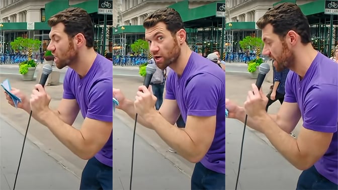 Three side-by-side images show the same man holding a microphone.