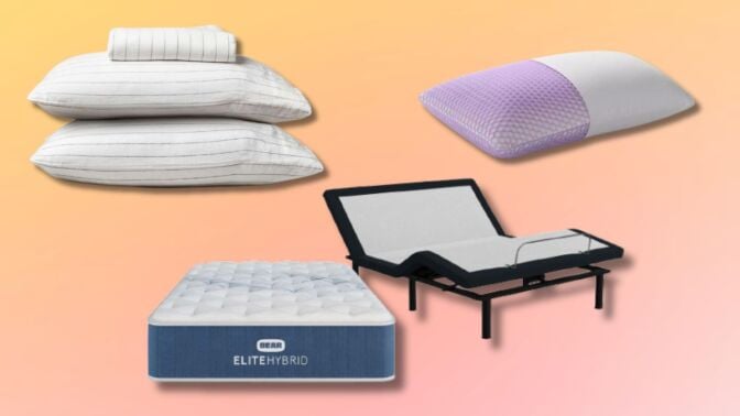 a set of linen sheets, a bear mattress with adjustable base, and a Purple pillow on an orange background