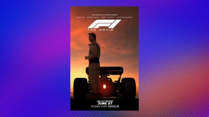 The F1 Movie promo image appears on an abstract background.