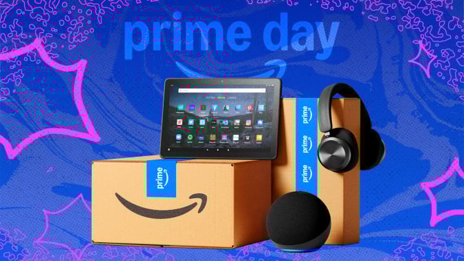 a grouping of amazon devices and boxes below a prime day logo