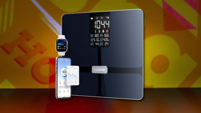 renpho smart scale, phone, and smartwatch against a yellow patterned background