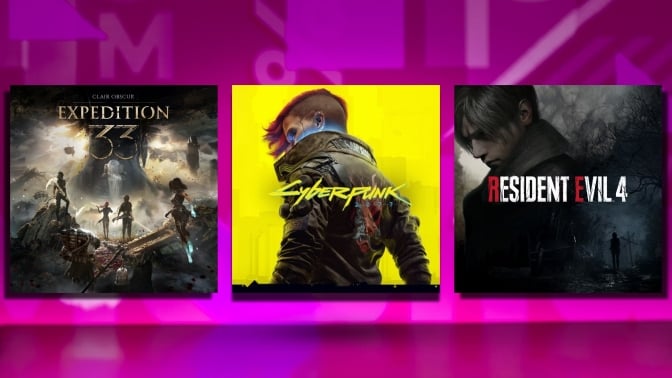 Clair Obscur: Expedition 33, Cyberpunk 2077, and Resident Evil 4 on a purple background