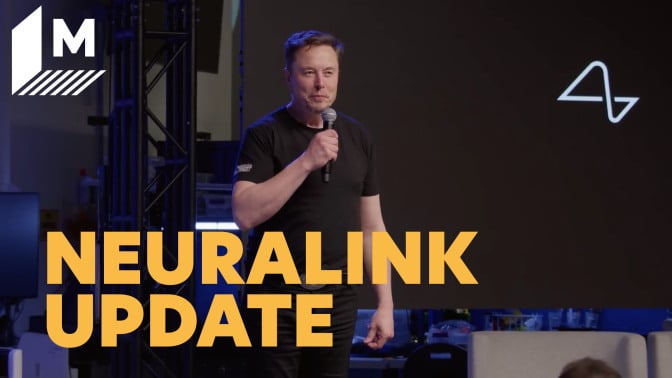 Image shows Elon Musk speaking on stage during Neuralink's Summer 2025 Update. Caption reads: Neuralink Update