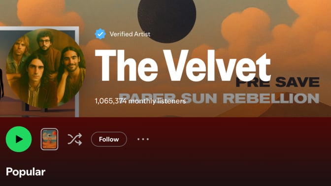 A screenshot of a band called "The Velvet Sundown" on Spotify.