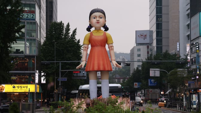  Young-hee the doll is seen during the "Squid Game" Season 3 parade and finale event 