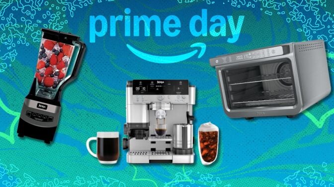a Ninja blender, coffee maker, and countertop oven on a green and turquoise Prime Day background