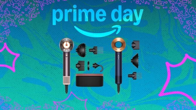 Dyson Supersonic Nural and Supersonic with three attachments on blue and pink prime day background