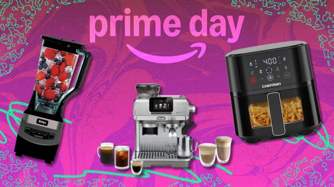 a ninja blender, de'longhi espresso maker, and chefman air fryer on a pink prime day background