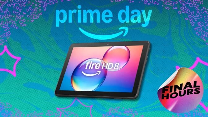 amazon fire tablet on illustrated background with sticker that reads 'Final Hours'