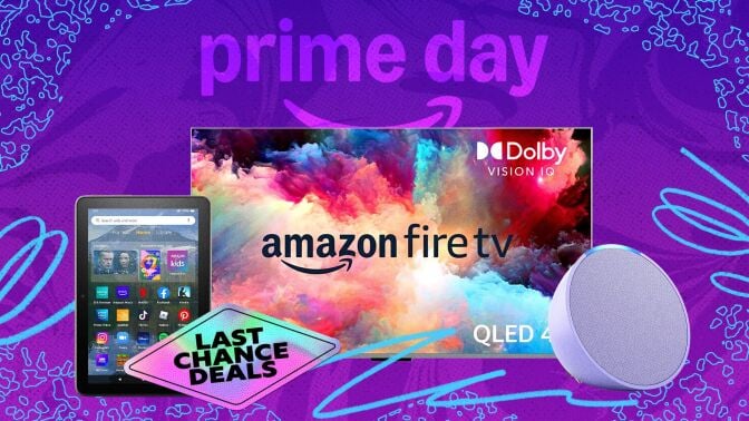 An Amazon Fire tablet and tv on a colorful background; sticker that reads 'last chance deals'