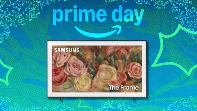 the samsung the frame TV on a green Prime Day background