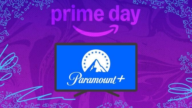 Paramount+ on tv screen with purple prime day composite background