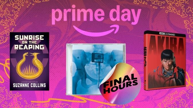 lorde cd, hunger games book, and akira blu-ray on pink backgroud with sticker that reads 'Final Hours'