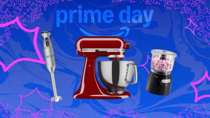 silver immersion blender, red stand mixer, and mini food processor on blue prime day background
